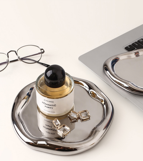 No two the same - Silver Plated Ceramic Tray Set (Round & Long Shapes)