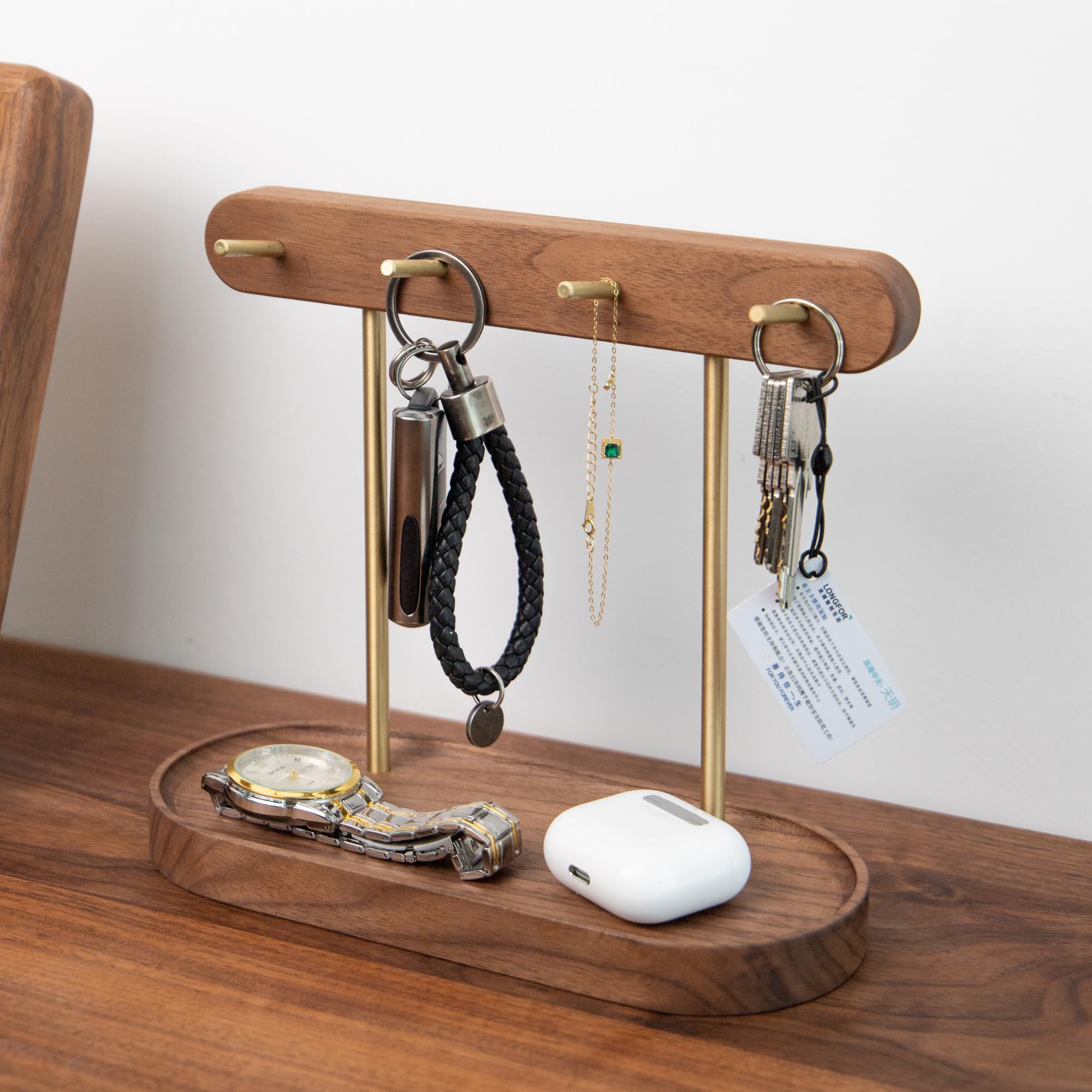 Walnut Wood Key Holder with Brass Hooks