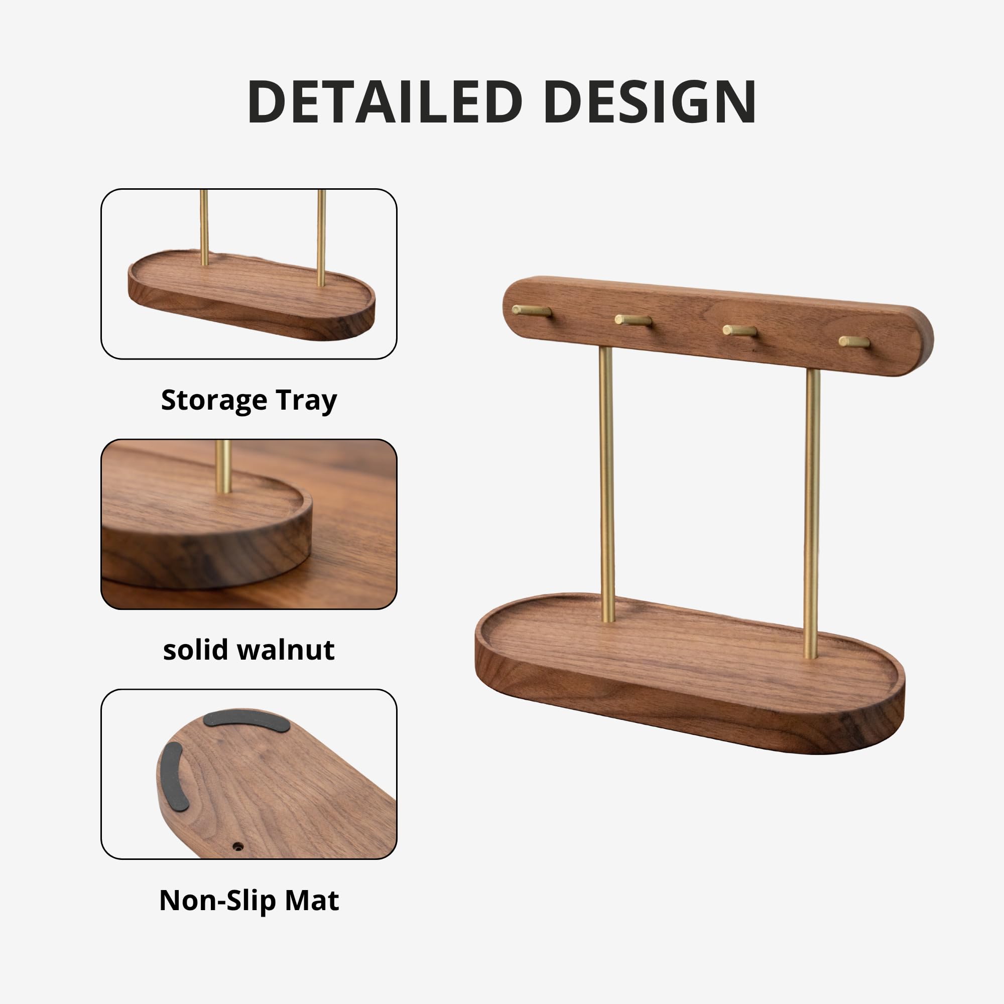 Walnut Wood Key Holder with Brass Hooks