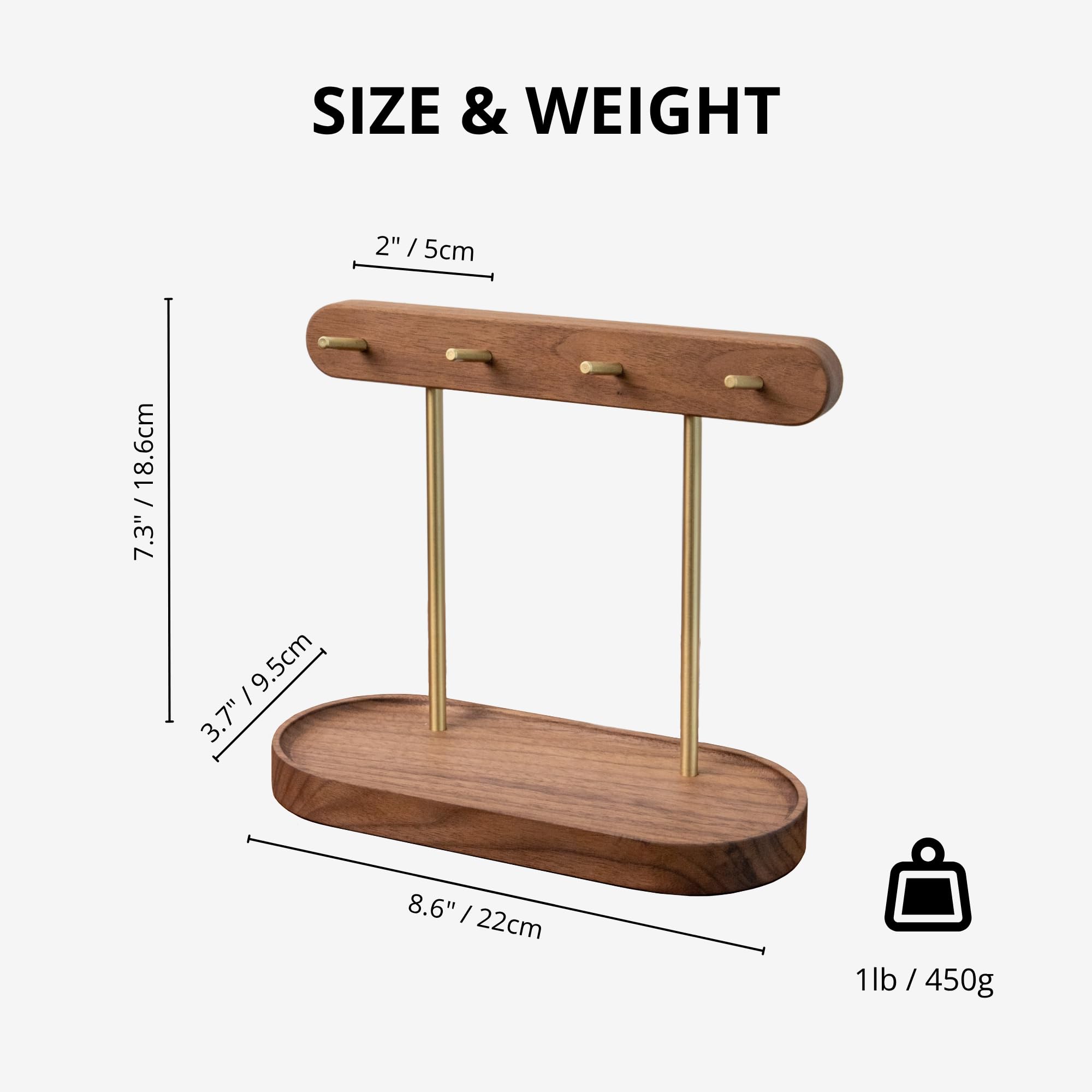 Walnut Wood Key Holder with Brass Hooks