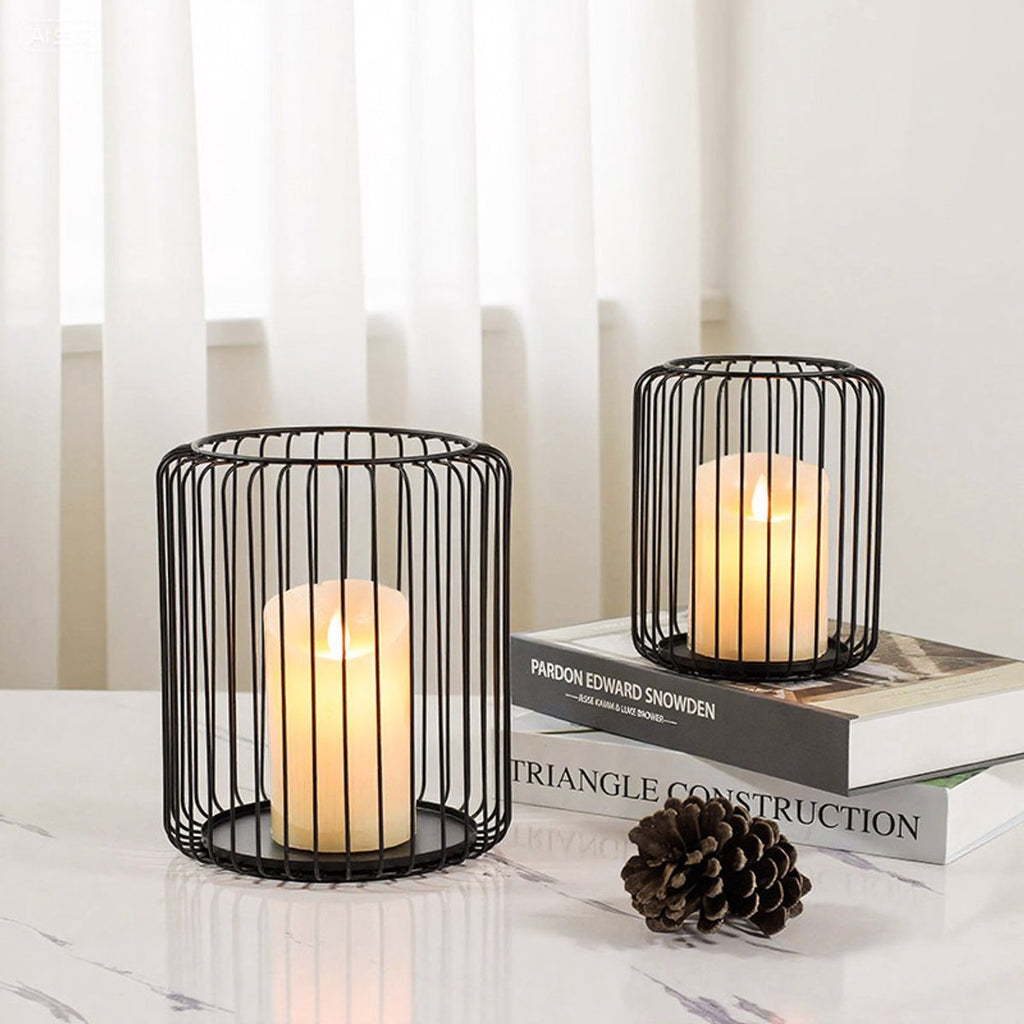 Set of 2 black metal candle holders, large oval candle holder, black decoration, metal wire lantern (Zwart)
