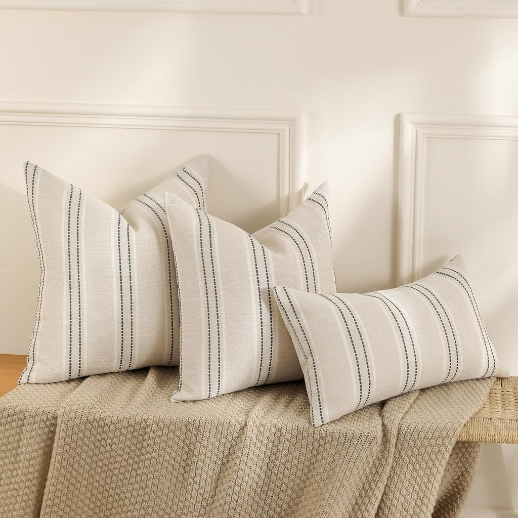 Throw Pillow Covers 20x20 Set of 2 Striped Pillow Covers Textured Linen Decorative Pillows Square Cushion Covers for Sofa Couch Bed Living Room Farmhouse Decor, Grey