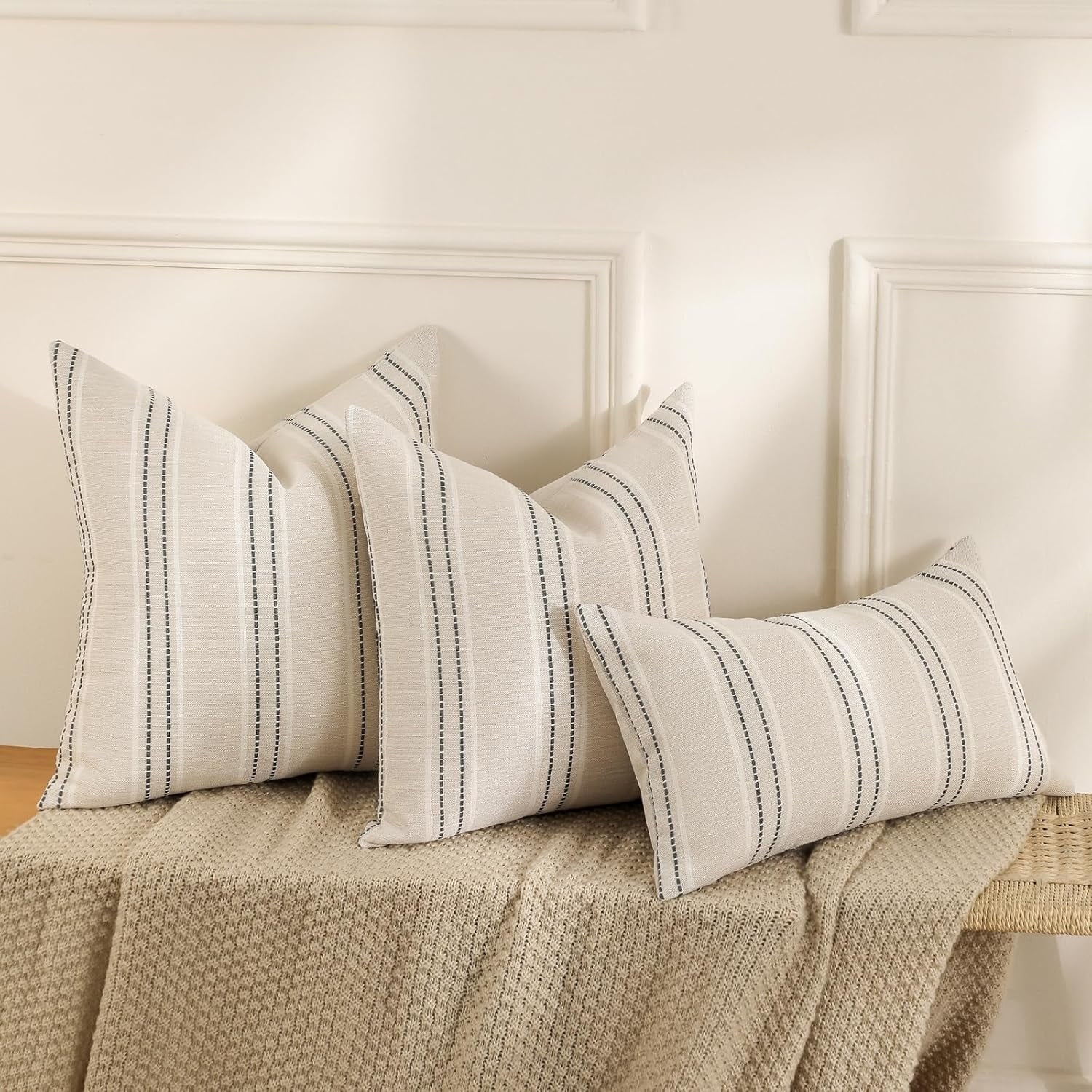 Throw Pillow Covers 20x20 Set of 2 Striped Pillow Covers Textured Linen Decorative Pillows Square Cushion Covers for Sofa Couch Bed Living Room Farmhouse Decor, Grey