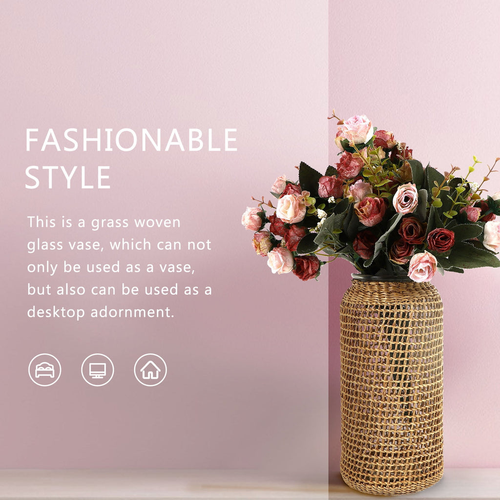 Rustic Farmhouse- Boho Glass Vase with Rattan Sleeve
