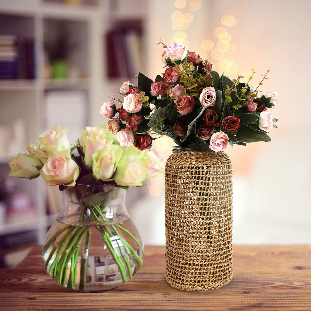 Rustic Farmhouse- Boho Glass Vase with Rattan Sleeve
