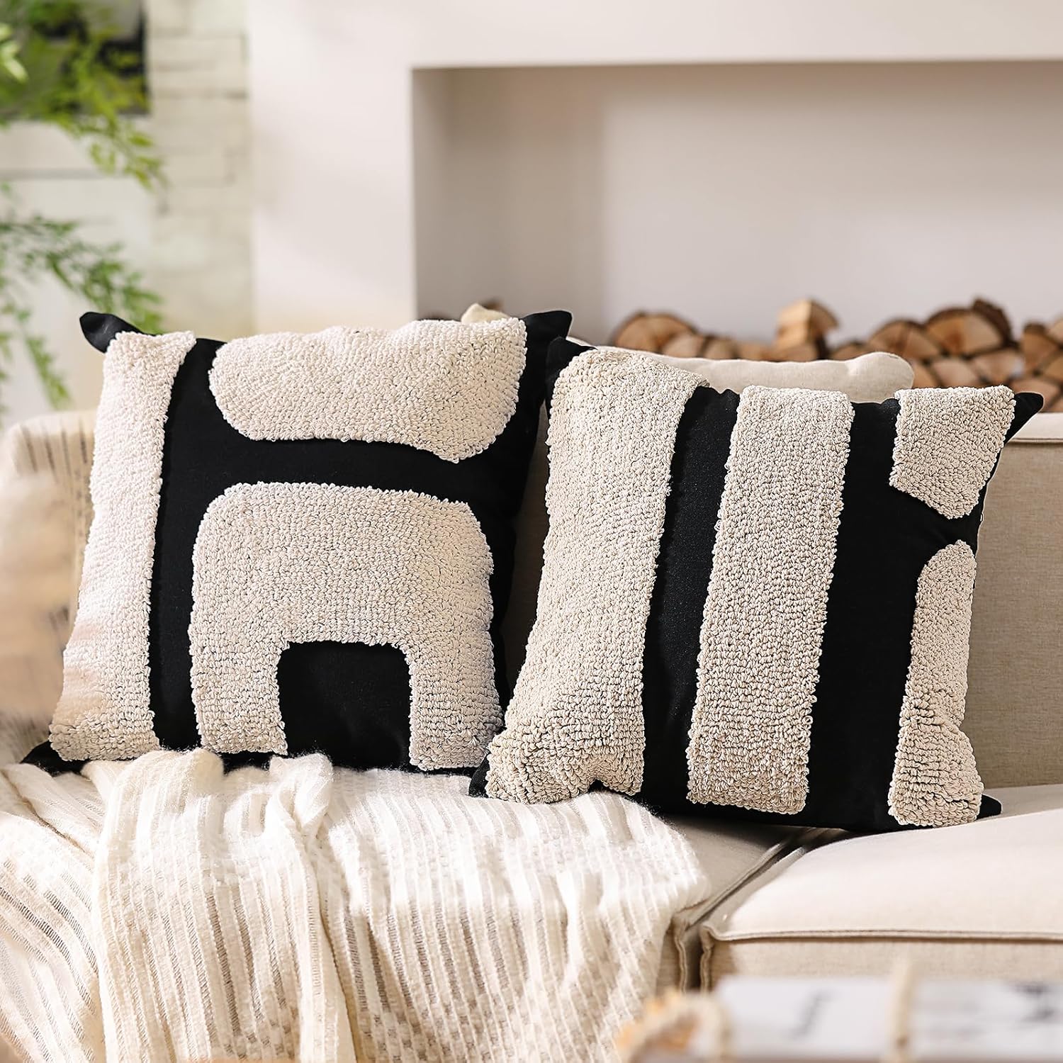 White Tufted Pillow Covers Boho Chunky Geometric Decorative Throw Pillow Case