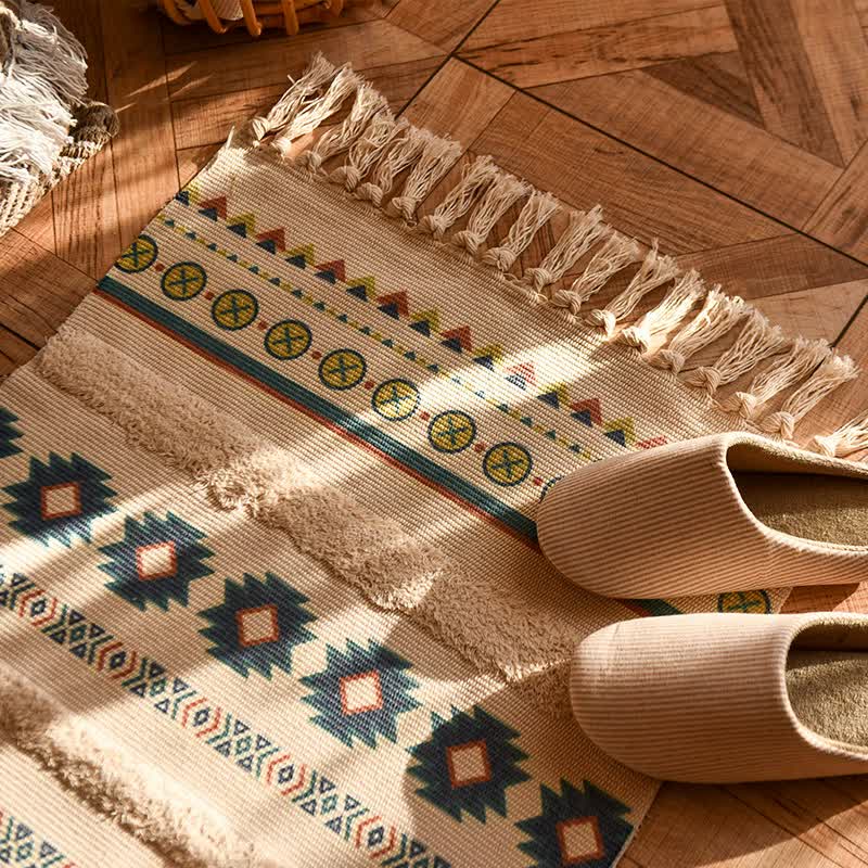 Handwoven Cotton Tassel Floor Rug for Bedroom or Living Room|Soft, Modern Geometric Design,60x90cm