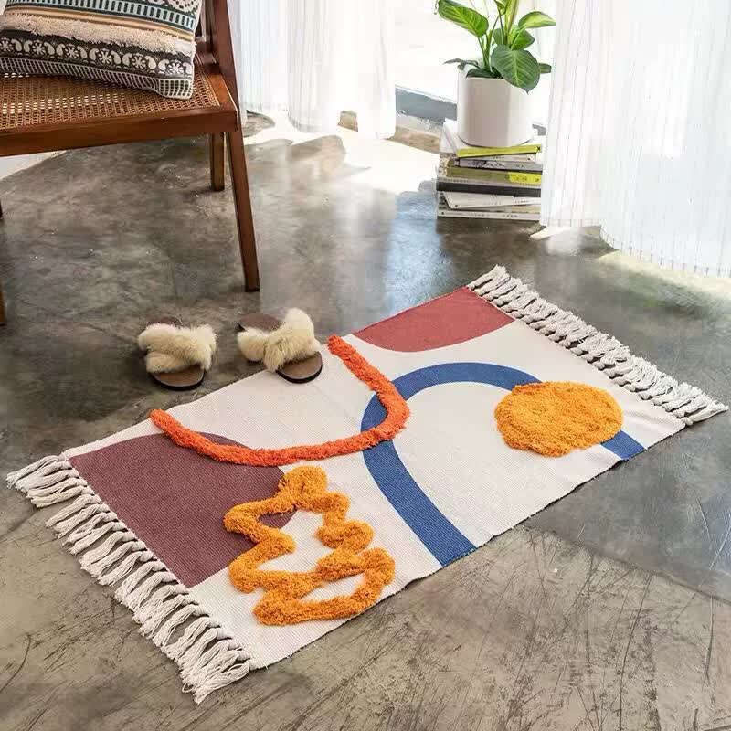 Handwoven Cotton Tassel Floor Rug for Bedroom or Living Room|Soft, Modern Geometric Design,60x90cm