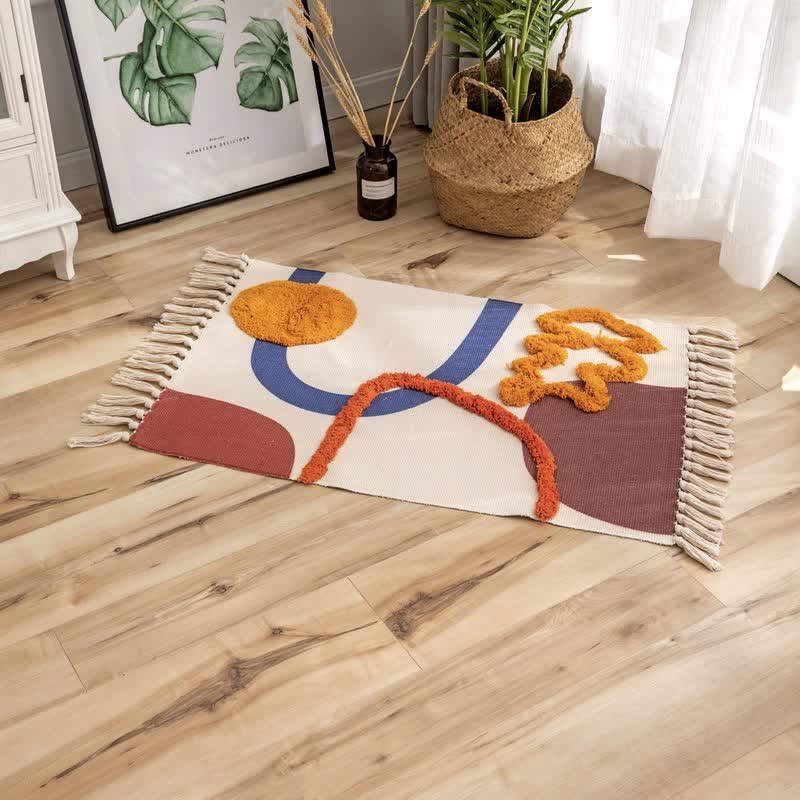 Handwoven Cotton Tassel Floor Rug for Bedroom or Living Room|Soft, Modern Geometric Design,60x90cm