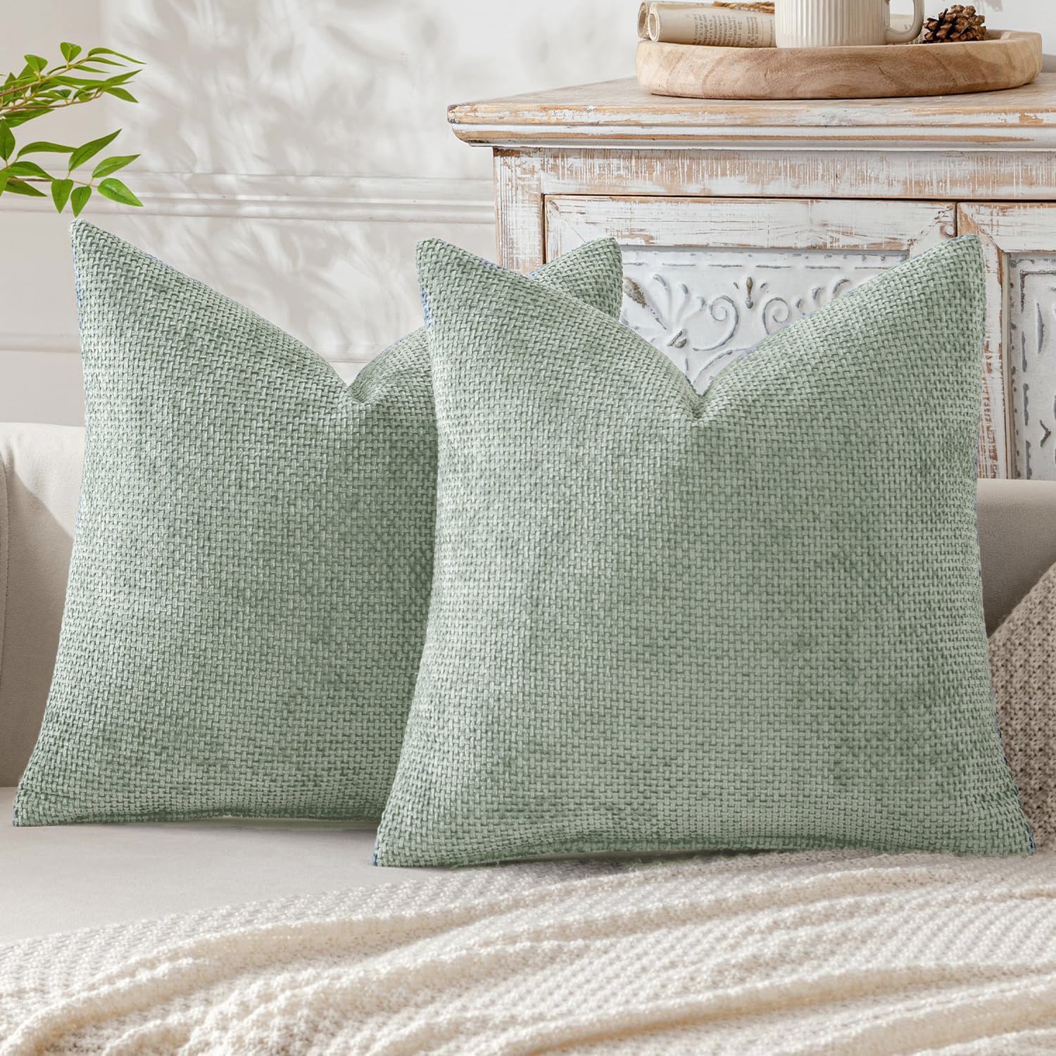 Sage Dust Plush Chenille Cushion Covers - Throw pillow cases