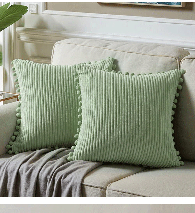 Light Green Soft Corduroy Cushion Covers with Pom Pom Trim - Set of 2 Decorative Throw Pillow Cases