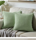 Light Green Soft Corduroy Cushion Covers with Pom Pom Trim - Set of 2 Decorative Throw Pillow Cases