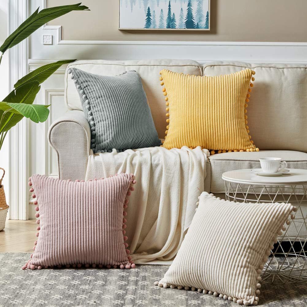 Light Green Soft Corduroy Cushion Covers with Pom Pom Trim - Set of 2 Decorative Throw Pillow Cases