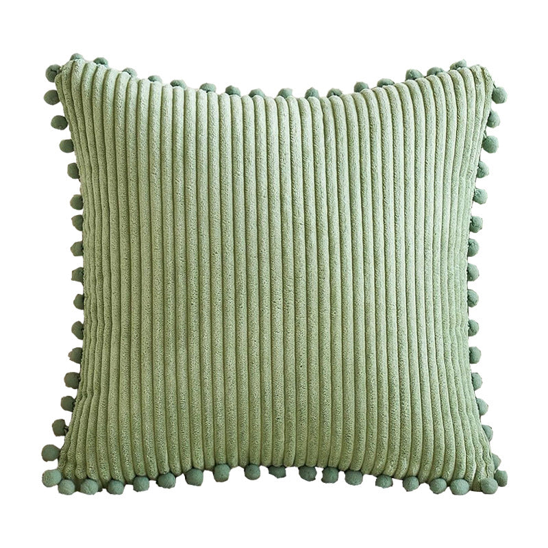 Light Green Soft Corduroy Cushion Covers with Pom Pom Trim - Set of 2 Decorative Throw Pillow Cases