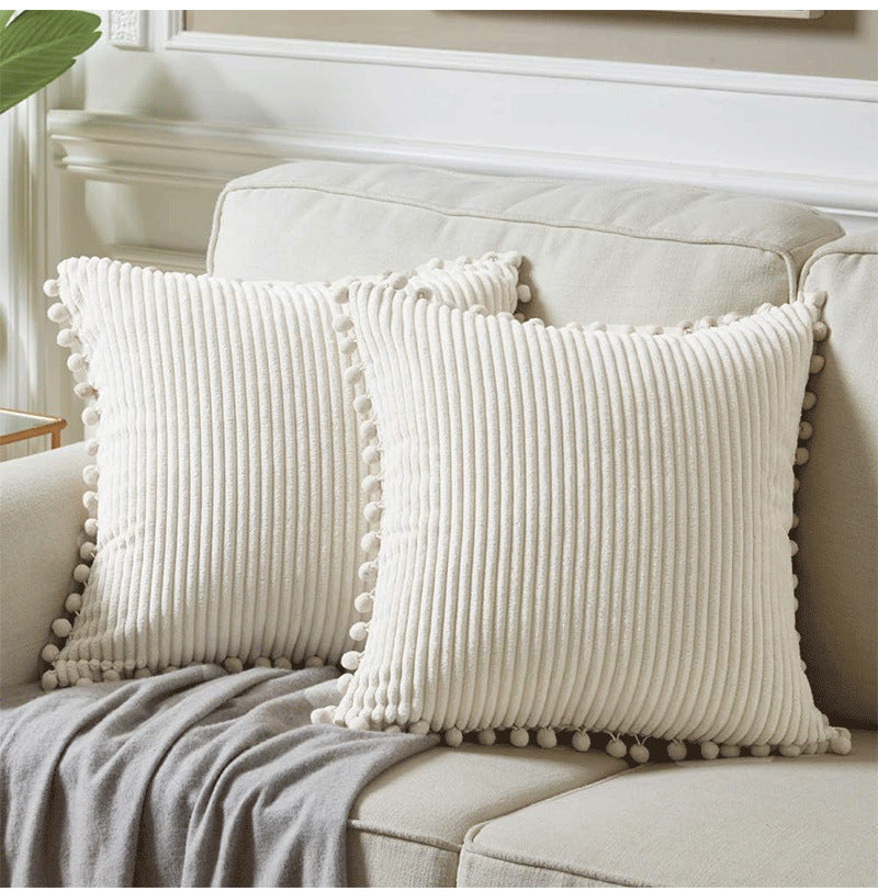 Light Green Soft Corduroy Cushion Covers with Pom Pom Trim - Set of 2 Decorative Throw Pillow Cases