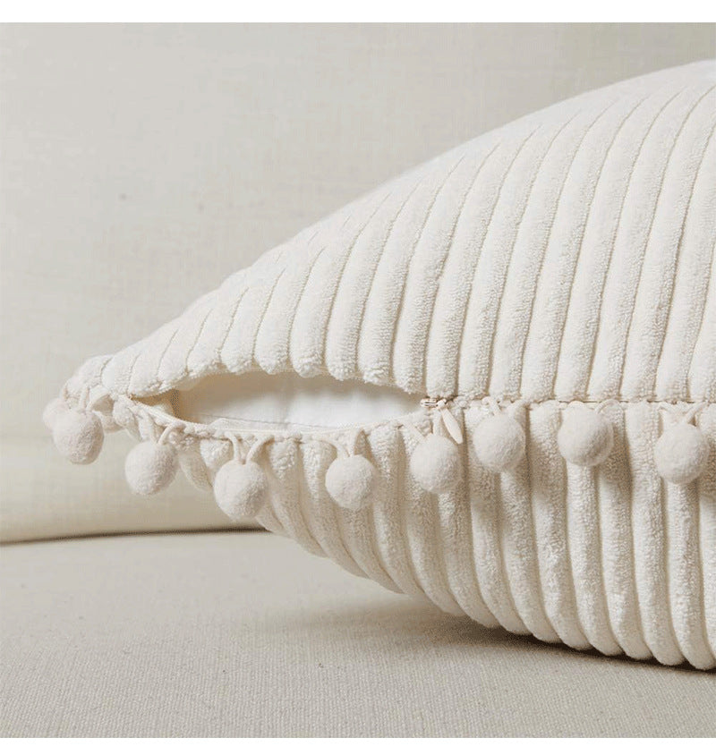 Light Green Soft Corduroy Cushion Covers with Pom Pom Trim - Set of 2 Decorative Throw Pillow Cases