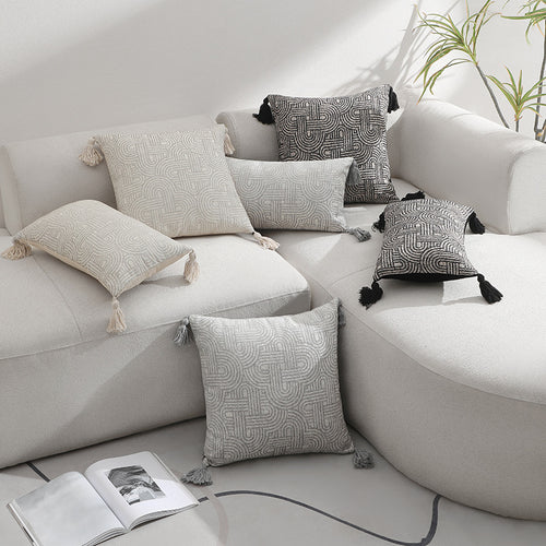 Beige Chic Geometric Jacquard Cushion Covers with Tassels