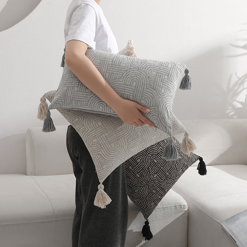 Beige Chic Geometric Jacquard Cushion Covers with Tassels