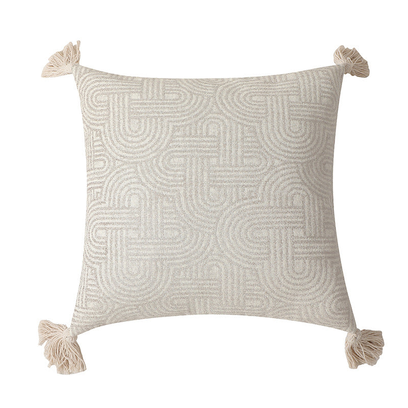 Beige Chic Geometric Jacquard Cushion Covers with Tassels