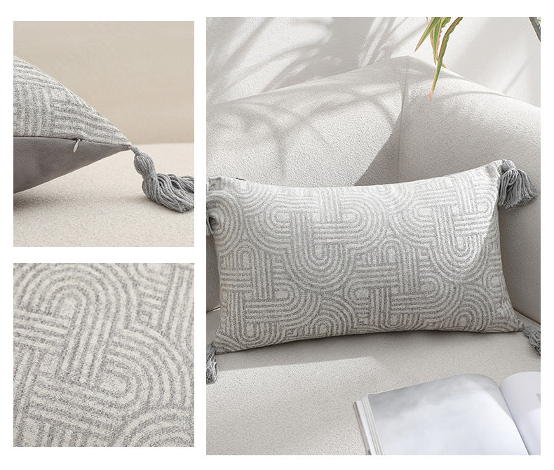 Beige Chic Geometric Jacquard Cushion Covers with Tassels